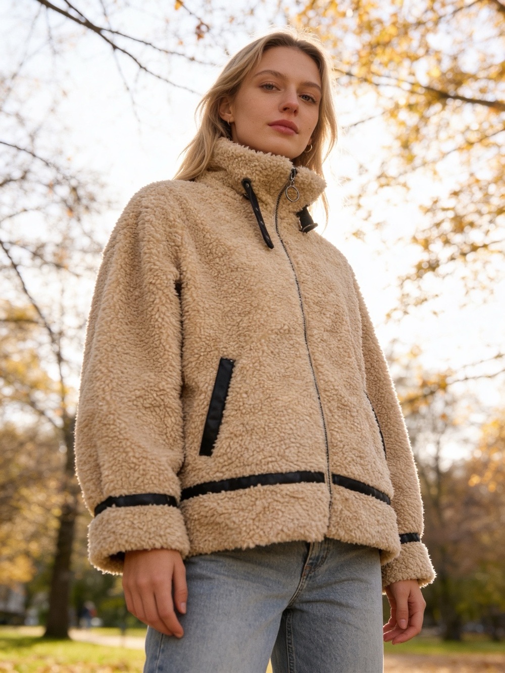 Madden Girl Teddy Moto Jacket Size M Cream Sherpa Faux Fur Black Trim